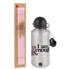 Easter Set, metallic Silver aluminum water bottle (500ml) & scented flat Easter candle (30cm) (PINK)