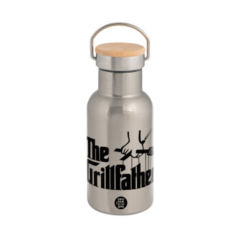 The Grill Father, Stainless steel metallic thermos flask, silver with a bamboo lid, double-walled, 350ml.