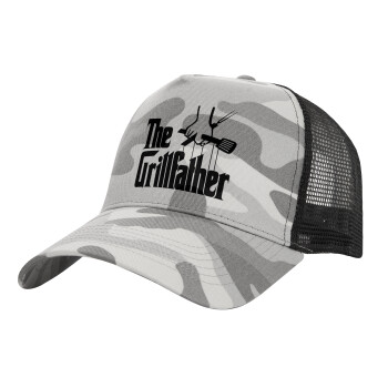 The Grill Father, Adult Structured Trucker Hat, with Mesh, (Camouflage) Army Camo (100% COTTON, ADULT, UNISEX, ONE SIZE)