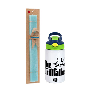 The Grill Father, Easter Set, Children's thermal stainless steel bottle with safety straw, green/blue (350ml) & aromatic flat Easter candle (30cm) (TURQUOISE)