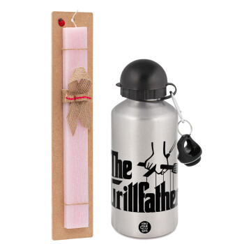 The Grill Father, Πασχαλινή Λαμπάδα με παγούρι μεταλλικό Ασημένιο αλουμινίου (500ml) & κερί αρωματικό πλακέ (30cm) (ΡΟΖ)