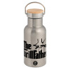 Stainless steel metallic thermos flask, silver with a bamboo lid, double-walled, 350ml.