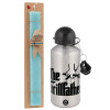 Easter Set, metallic silver aluminum water bottle (500ml) & scented flat Easter candle (30cm) (TURQUOISE)