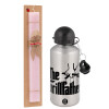Easter Set, metallic Silver aluminum water bottle (500ml) & scented flat Easter candle (30cm) (PINK)