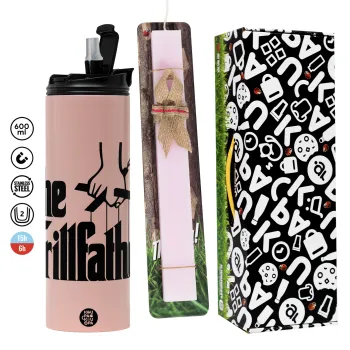 The Grill Father, Πασχαλινή Λαμπάδα με  ΡΟΖ Travel Tumbler θερμό (600ml, BPA free) & κερί αρωματικό πλακέ (30cm) (ΡΟΖ)