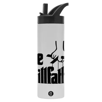 The Grill Father, Μεταλλικό παγούρι θερμός με καλαμάκι & χειρολαβή, ανοξείδωτο ατσάλι (Stainless steel 304), διπλού τοιχώματος, 600ml