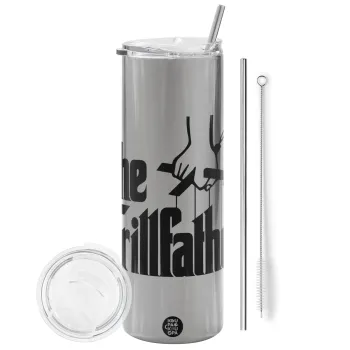 The Grill Father, Tumbler ποτήρι θερμό Ασημένιο από ανοξείδωτο ατσάλι 600ml, με μεταλλικό καλαμάκι & βούρτσα καθαρισμού