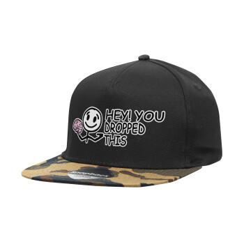 Hey! You dropped this, Adult Flat Snapback Hat Black/Camouflage, (100% COTTON TWILL, ADULT, UNISEX, ONE SIZE)
