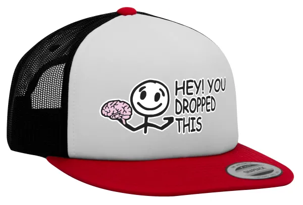Hey! You dropped this — Adult Foam Flat Snapback with Mesh Red-White-Black (POLYESTER, ADULT, UNISEX, ONE SIZE)