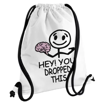 Hey! You dropped this, Τσάντα πλάτης πουγκί GYMBAG λευκή, με τσέπη (40x48cm) & χονδρά κορδόνια