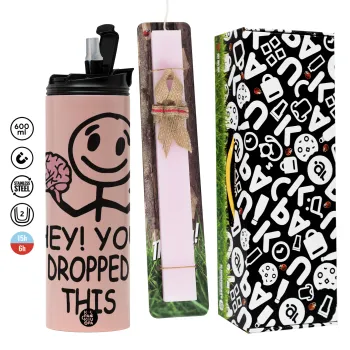 Hey! You dropped this, Πασχαλινή Λαμπάδα με  ΡΟΖ Travel Tumbler θερμό (600ml, BPA free) & κερί αρωματικό πλακέ (30cm) (ΡΟΖ)