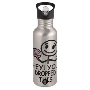 Hey! You dropped this, Water bottle Silver with straw, stainless steel 600ml