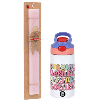 Delulu, Πασχαλινό Σετ, Παιδικό παγούρι θερμό, ανοξείδωτο, με καλαμάκι ασφαλείας, ροζ/μωβ (350ml) & πασχαλινή λαμπάδα αρωματική πλακέ (30cm) (ΡΟΖ)