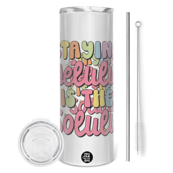 Delulu, Eco friendly stainless steel tumbler 600ml, with metal straw & cleaning brush