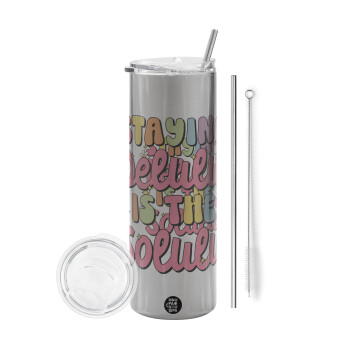 Delulu, Eco friendly stainless steel Silver tumbler 600ml, with metal straw & cleaning brush