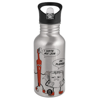 I hate my job, Water bottle Silver with straw, stainless steel 500ml