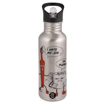I hate my job, Water bottle Silver with straw, stainless steel 600ml