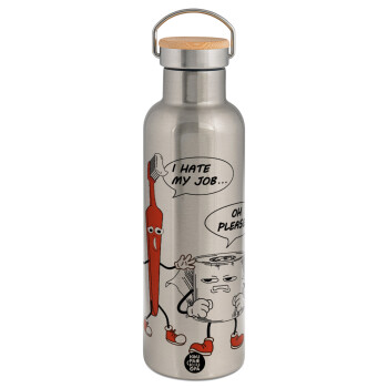 I hate my job, Stainless steel Silver with wooden lid (bamboo), double wall, 750ml