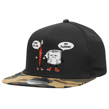 I hate my job, Adult Flat Snapback Hat Black/Camouflage, (100% COTTON TWILL, ADULT, UNISEX, ONE SIZE)