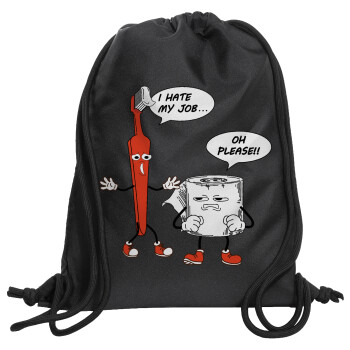 I hate my job, Backpack pouch GYMBAG Black, with pocket (40x48cm) & thick cords