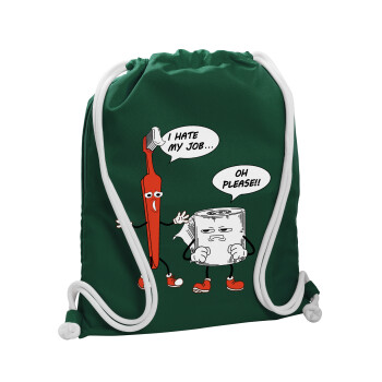 I hate my job, Τσάντα πλάτης πουγκί GYMBAG BOTTLE GREEN, με τσέπη (40x48cm) & χονδρά λευκά κορδόνια