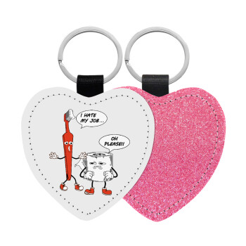 I hate my job, Μπρελόκ PU δερμάτινο glitter καρδιά ΡΟΖ