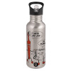 Water bottle Silver with straw, stainless steel 600ml