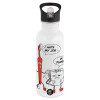 White water bottle with straw, stainless steel 600ml