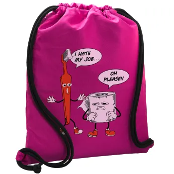 I hate my job, Backpack pouch GYMBAG Fuchsia, with pocket (40x48cm) & thick cords
