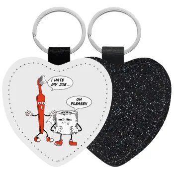 I hate my job, Μπρελόκ PU δερμάτινο glitter καρδιά ΜΑΥΡΟ