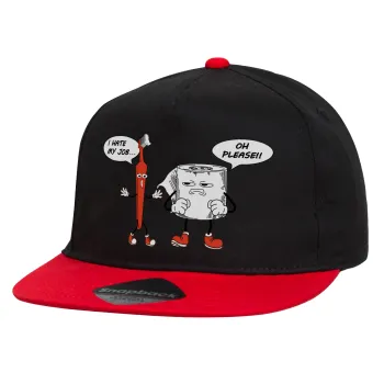 I hate my job, Καπέλο παιδικό Flat Snapback, Μαύρο/Κόκκινο (100% ΒΑΜΒΑΚΕΡΟ, ΠΑΙΔΙΚΟ, UNISEX, ONE SIZE)