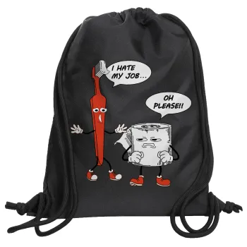 I hate my job, Τσάντα πλάτης πουγκί GYMBAG Μαύρη, με τσέπη (40x48cm) & χονδρά κορδόνια