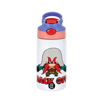 Yosemite Sam Back OFF, Children's hot water bottle, stainless steel, with safety straw, pink/purple (350ml)