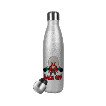 Yosemite Sam Back OFF, Μεταλλικό παγούρι θερμός Glitter Aσημένιο (Stainless steel), διπλού τοιχώματος, 500ml