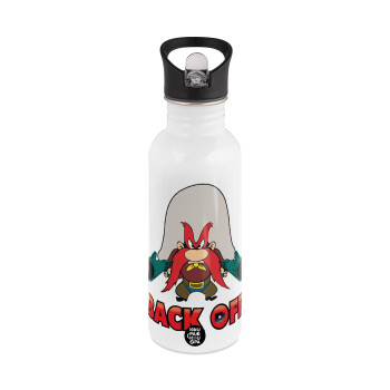 Yosemite Sam Back OFF, White water bottle with straw, stainless steel 600ml