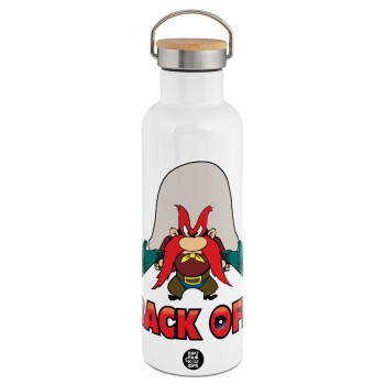 Yosemite Sam Back OFF, Stainless steel White with wooden lid (bamboo), double wall, 750ml