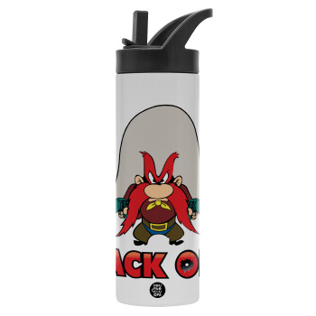 Yosemite Sam Back OFF, Μεταλλικό παγούρι θερμός με καλαμάκι & χειρολαβή, ανοξείδωτο ατσάλι (Stainless steel 304), διπλού τοιχώματος, 600ml