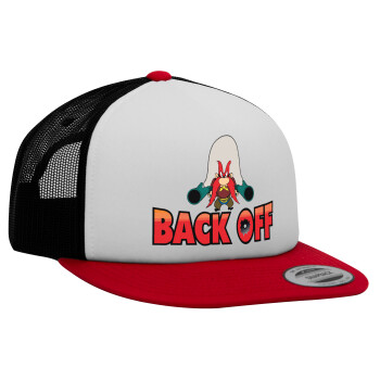 Yosemite Sam Back OFF, Καπέλο Ενηλίκων Foam Flat Snapback με Δίχτυ Κόκκινο-Λευκό-Μαύρο (POLYESTER, ΕΝΗΛΙΚΩΝ, UNISEX, ONE SIZE)