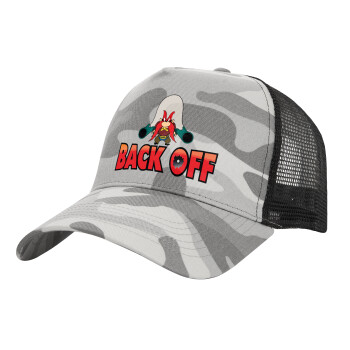 Yosemite Sam Back OFF, Καπέλο Ενηλίκων Structured Trucker, με Δίχτυ, (παραλλαγή) Army Camo (100% ΒΑΜΒΑΚΕΡΟ, ΕΝΗΛΙΚΩΝ, UNISEX, ONE SIZE)