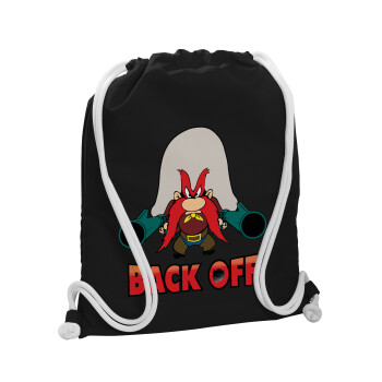 Yosemite Sam Back OFF, Τσάντα πλάτης πουγκί GYMBAG Μαύρη, με τσέπη (40x48cm) & χονδρά λευκά κορδόνια