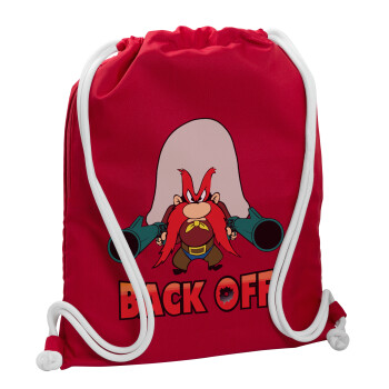 Yosemite Sam Back OFF, Τσάντα πλάτης πουγκί GYMBAG Κόκκινη, με τσέπη (40x48cm) & χονδρά κορδόνια