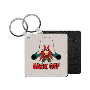 Yosemite Sam Back OFF, Μπρελόκ Δερματίνη, τετράγωνο ΜΑΥΡΟ (5x5cm)