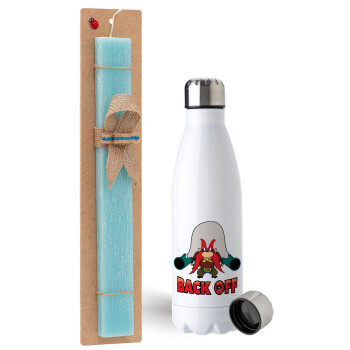 Yosemite Sam Back OFF, Easter Set, metallic stainless steel water bottle (750ml) & aromatic flat Easter candle (30cm) (TURQUOISE)