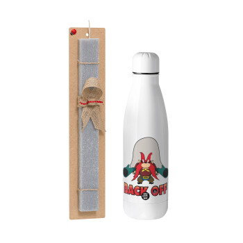 Yosemite Sam Back OFF, Easter Set, metallic stainless thermos bottle (500ml) & scented flat Easter candle (30cm) (GRAY)