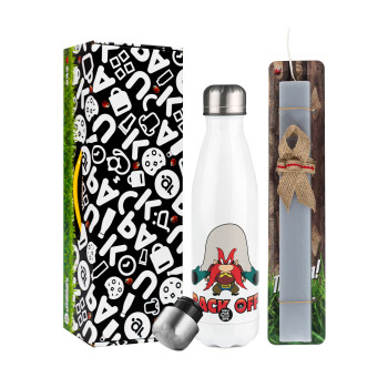 Yosemite Sam Back OFF, Easter candle, metallic white thermos bottle (500ml) & aromatic flat candle (30cm) (GRAY)
