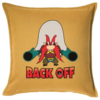 Yosemite Sam Back OFF, Μαξιλάρι καναπέ Κίτρινο 100% βαμβάκι, περιέχεται το γέμισμα (50x50cm)