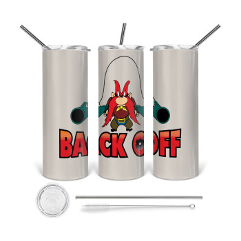 Yosemite Sam Back OFF, Tumbler ποτήρι θερμό από ανοξείδωτο ατσάλι 600ml, με μεταλλικό καλαμάκι & βούρτσα καθαρισμού