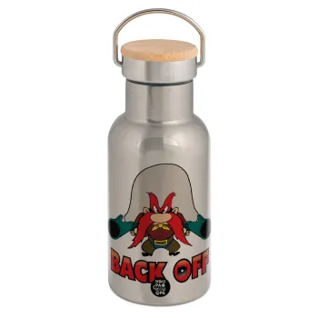 Yosemite Sam Back OFF, Stainless steel metallic thermos flask, silver with a bamboo lid, double-walled, 350ml.