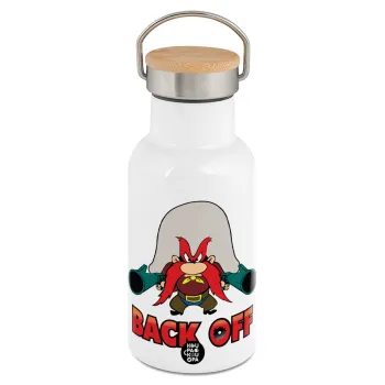 Yosemite Sam Back OFF, Μεταλλικό παγούρι θερμός (Stainless steel) Λευκό με ξύλινο καπακι (bamboo), διπλού τοιχώματος, 350ml