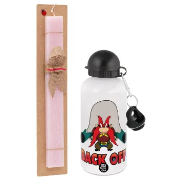 Yosemite Sam Back OFF, Πασχαλινή Λαμπάδα με παγούρι μεταλλικό αλουμινίου (500ml) & κερί αρωματικό πλακέ (30cm) (ΡΟΖ)